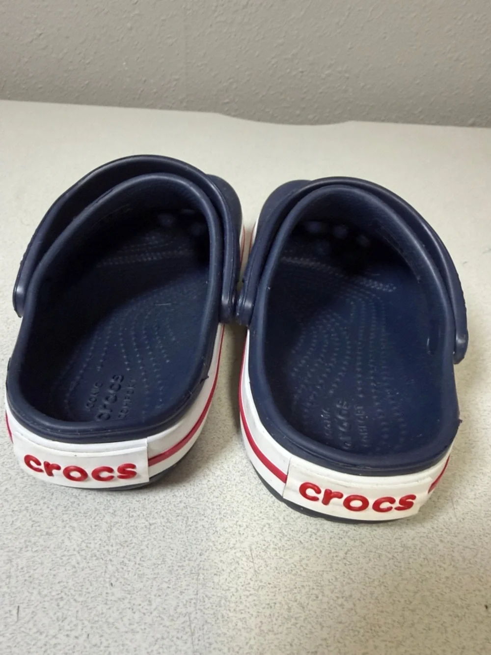 CROCS Kids Navy Clogs with White and Red Trim